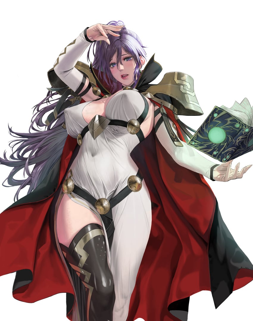 1girls alternate_costume bare_thighs book breasts cape covered_nipples female female_only fire_emblem fire_emblem:_genealogy_of_the_holy_war fire_emblem_heroes from_below ishtar_(fire_emblem) janggun jeneral large_breasts lips long_hair looking_at_viewer looking_down nintendo official_alternate_costume ponytail purple_eyes purple_hair sideboob solo thighhighs thighs very_long_hair white_background