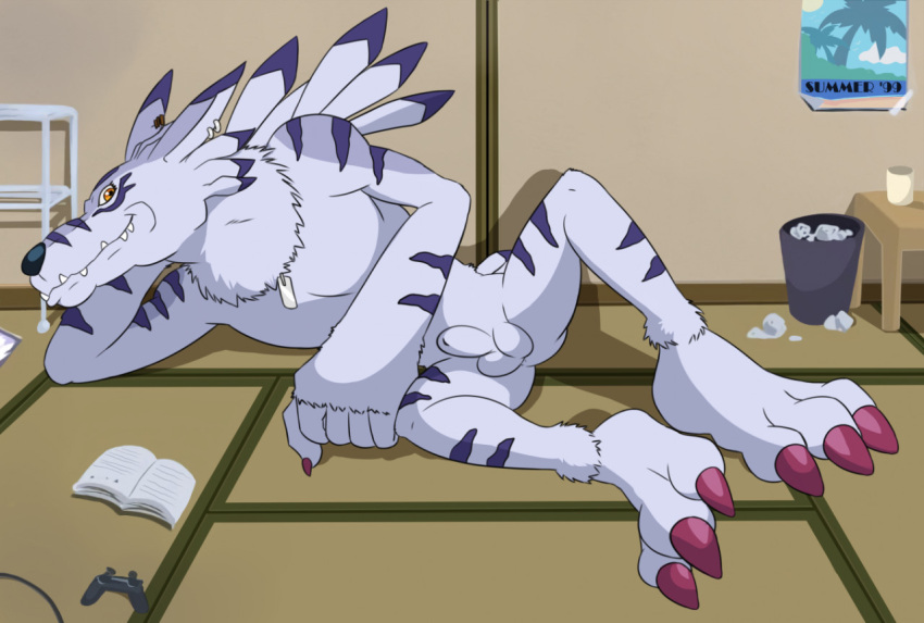 animal_genitalia anthro balls bandai_namco canid canine claws digimon digimon_(species) ear_piercing ear_ring fully_sheathed fur genitals inviting lying male male_only mammal nude on_side piercing sheath solo striped_body striped_fur stripes thegreatmatsutzu weregarurumon