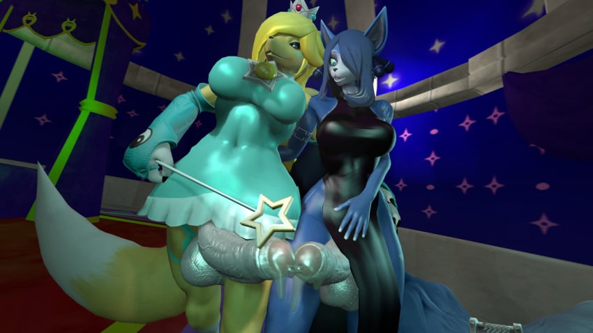 2futas anthro big_breasts black_dress blonde_hair blue_eyes blue_fur breasts canastus crossover cum cynthia_(pokemon) dickgirl digimon dress erection eyelashes frotting fur furry futanari hybrid intersex krystal long_dress long_hair magic mario_(series) nintendo open_mouth penis pokemon precum princess_rosalina renamon standing star_fox super_mario_galaxy tail testicles transformation yellow_fur