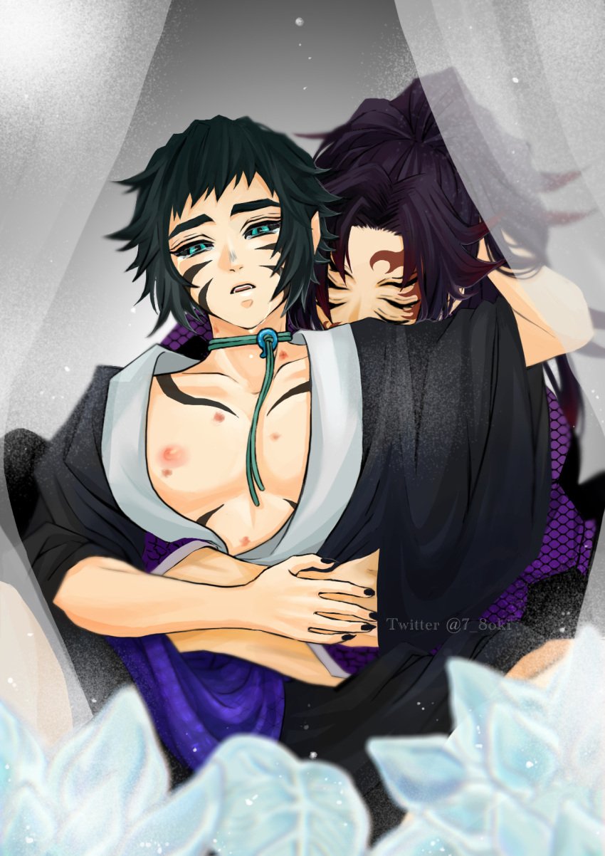 2boys 6_eyes black_hair black_nails black_sclera body_markings choker closed_eyes crying_with_eyes_open demon demon_boy demon_slayer embrace facial_markings gay hand_on_another's_head hickey hickey_marks hug hugging hugging_from_behind japanese_clothes kaigaku kimetsu_no_yaiba kimono kokushibo looking_at_viewer male male_only michikatsu_tsugikuni multi_eye multiple_boys nail_polish open_kimono pointy_ears ribbon_choker tears thick_eyebrows upper_body yaoi