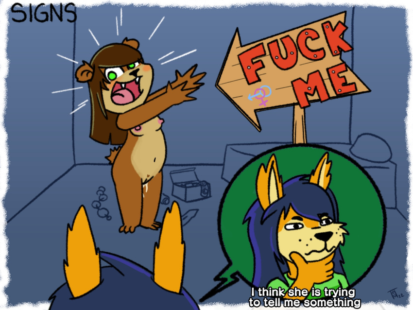 anthro bedroom comic comic_panel duo female humor male male/female mammal meme rodent sciurid sign signpost teot text toony ursid