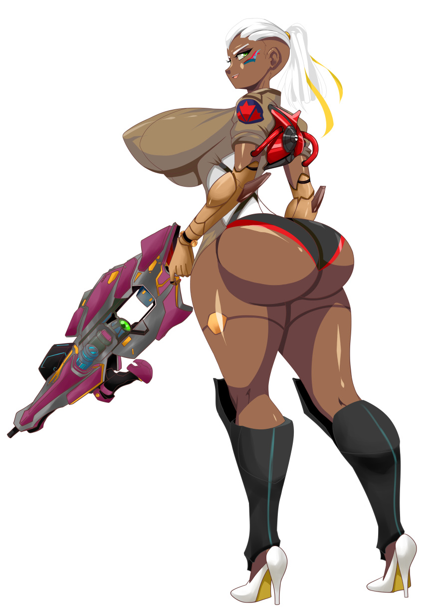 2d absurd_res alternate_ass_size alternate_body_type alternate_breast_size alternate_hairstyle armor ass breasts christian_louboutin_(brand) clothed cyborg dark-skinned_female dark_skin ficheras from_behind frostyvector greaves green_eyes high_heels holding_gun huge_ass huge_breasts leotard mechanical_arms overwatch overwatch_2 ponytail robot_joints second-party_source sniper_rifle sojourn_(overwatch) torpedo_breasts transparent_background vector_trace white_hair