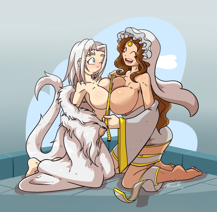 2girls barefoot big_breasts blush breast_size_difference brown_hair cleavage closed_eyes crossbreed_priscilla dahs dark_souls dragon_girl family female female_only fromsoftware furry_tail gunshad huge_breasts kneeling long_hair measuring measuring_tape mother_and_daughter multiple_girls off_shoulder queen_of_sunlight_gwynevere smile symmetrical_docking tail veil white_fur white_hair