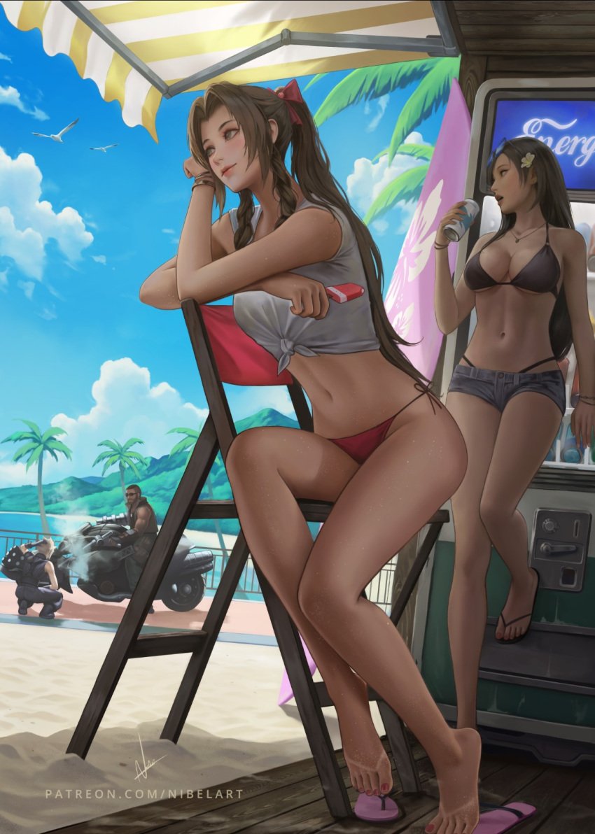 2boys 2girls aerith_gainsborough barret_wallace beach bikini bikini_under_clothes black_bikini black_hair black_swimsuit blonde_hair bracelet breasts brown_hair cloud_strife clouds denim_shorts female female_focus final_fantasy final_fantasy_vii flower_in_hair fully_clothed green_eyes holding_popsicle holding_soda large_breasts long_hair midriff navel necklace nibelart ocean outside ponytail popsicle red_bikini red_eyes red_swimsuit revealing_clothes sandals shirt short_shorts shorts side-tie_bikini side-tie_swimsuit sky soda source_request sunglasses sunglasses_on_head swimsuit swimsuit_under_clothes tied_shirt tifa_lockhart water white_shirt