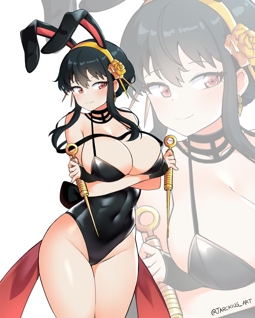 1girls black_hair black_leotard breasts bunny_ears daggers earrings fake_animal_ears fingerless_gloves gloves hair_bun hairband holding_dagger jarckius large_breasts leotard looking_at_viewer milf playboy_bunny red_eyes spy_x_family weapon yor_briar yor_forger