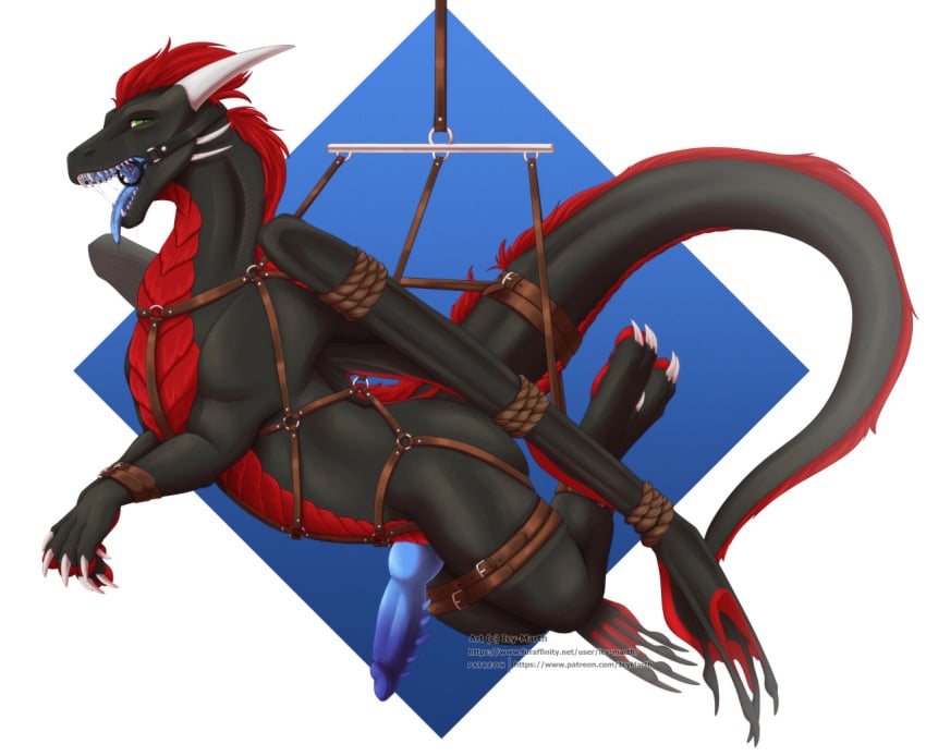 bondage bondage bound dragon feral gag genitals icy-marth knot leather male mythological_creature mythological_scalie mythology penis ring_gag rope scalie solo straps ych