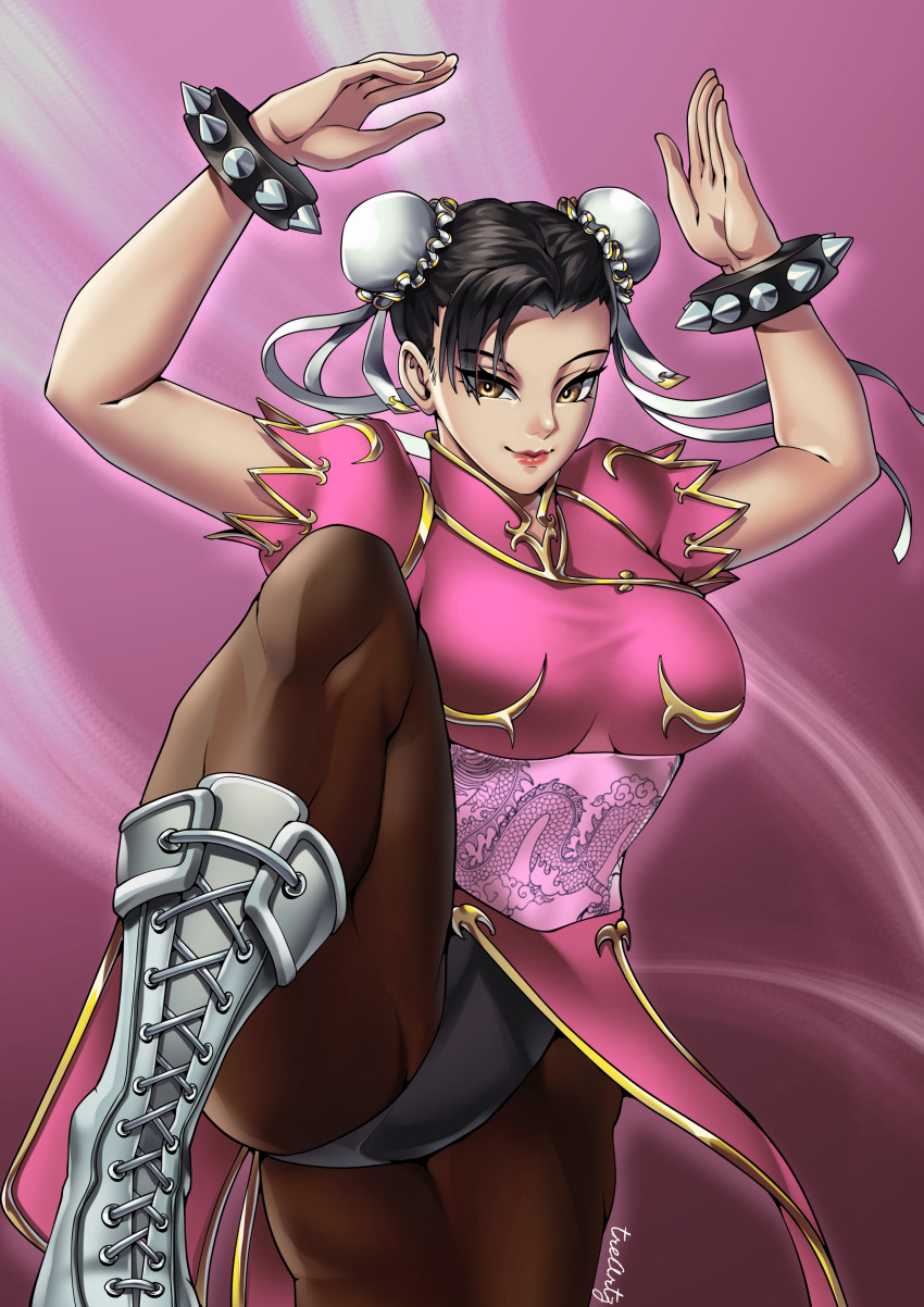 1girls alternate_color_scheme artist_signature asian asian_female black_hair boots bracelet capcom chun-li gold_eyes hair_bun kicking light-skinned_female light_skin mature_female milf pink_outfit raised_leg spiked_bracelet street_fighter thick_thighs thighs thotlerrr tights treartz