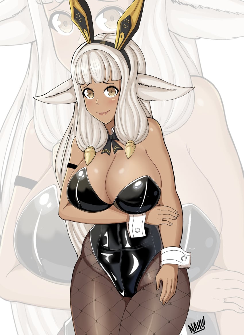 1girls alternate_costume animal_ears ash_(fire_emblem) breasts brown_eyes bunny_ears bunnysuit cleavage cow_girl dark-skinned_female dark_skin female female_only fire_emblem fire_emblem_heroes grey_hair large_breasts nahusmash nintendo solo thighs