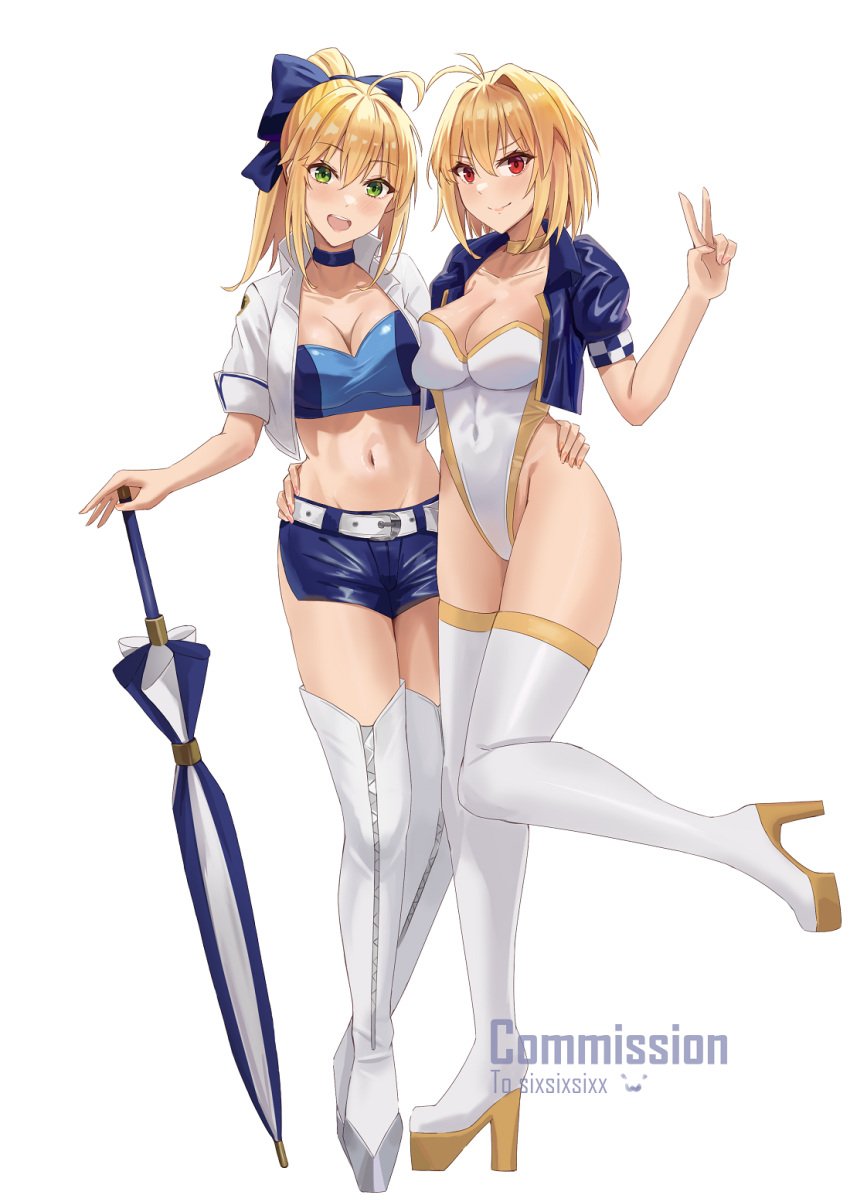 ahoge alternate_costume antenna_hair arcueid_brunestud artoria_pendragon_(fate) belt blonde_hair blue_jacket blue_shorts boots breasts cleavage commission company_connection crop_top cropped_jacket crossover fate/grand_order fate/stay_night fate_(series) full_body green_eyes highleg highleg_leotard highres jacket large_breasts leotard long_hair michelle_ruff midriff multiple_girls navel official_alternate_costume planted planted_umbrella platform_footwear ponytail race_queen red_eyes saber_(fate) saber_(type-moon_racing)_(fate) short_hair short_shorts shorts simple_background skeb_commission smodzz998 standing strapless strapless_leotard thigh_boots thighhighs tsukihime type-moon umbrella v voice_actor_connection white_background white_belt white_jacket white_legwear white_leotard