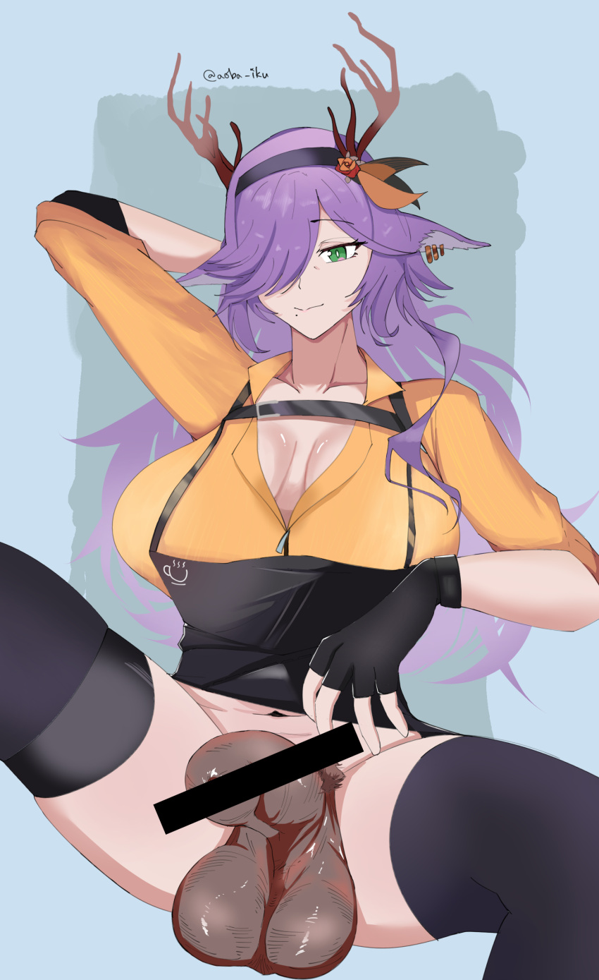 1futa alternate_version_available animal_genitalia antlers aoba_iku arknights balls big_balls bottomless breasts clothed clothing coldshot_(arknights) fully_sheathed futa_only futanari hair_over_one_eye hi_res huge_breasts human light-skinned_futanari light_skin long_hair partially_clothed penis purple_hair sheath sitting solo