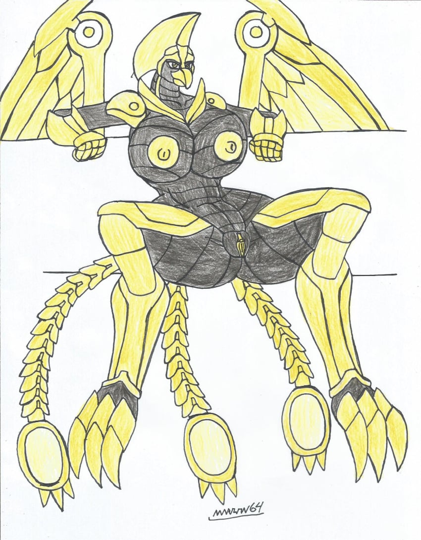 1girls anthro bakugan bakugan_(series) bakugan_battle_brawlers big_breasts big_hips bird_girl bird_humanoid black_body female furry gold_armor gold_eyes gold_nipples gold_pussy huge_breasts looking_at_viewer marlon64 open_legs phoenix showing_pussy smiling_at_viewer traditional_drawing_(artwork) white_background winged_humanoid