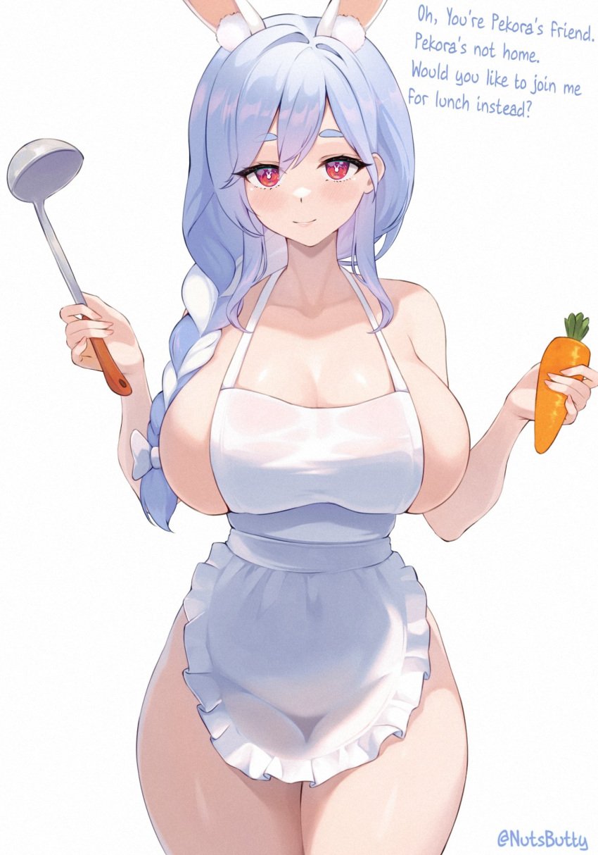 1girls 2d apron apron_only artist_name breasts bunny_ears english_text female female_only hololive hololive_fantasy hololive_japan large_breasts light-skinned_female light_skin looking_at_viewer mature_female milf nutsbutty pale-skinned_female pale_skin pekomama simple_background solo text thighs virtual_youtuber watermark wide_hips