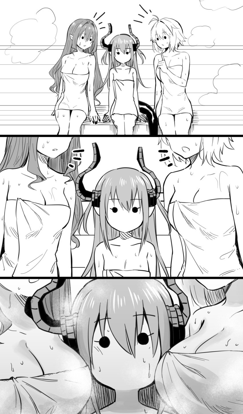 3girls arcueid_brunestud bad_id bad_twitter_id baobhan_sith_(fate) blush breasts commentary curled_horns dragon_girl dragon_horns dragon_tail elizabeth_bathory_(fate) elizabeth_bathory_(fate/extra_ccc) fate/extra fate/grand_order fate_(series) greyscale highres hirunagi horns large_breasts long_hair looking_at_viewer monochrome multiple_girls onsen pointy_ears short_hair sidelocks small_breasts solid_circle_eyes steam tail towel tsukihime