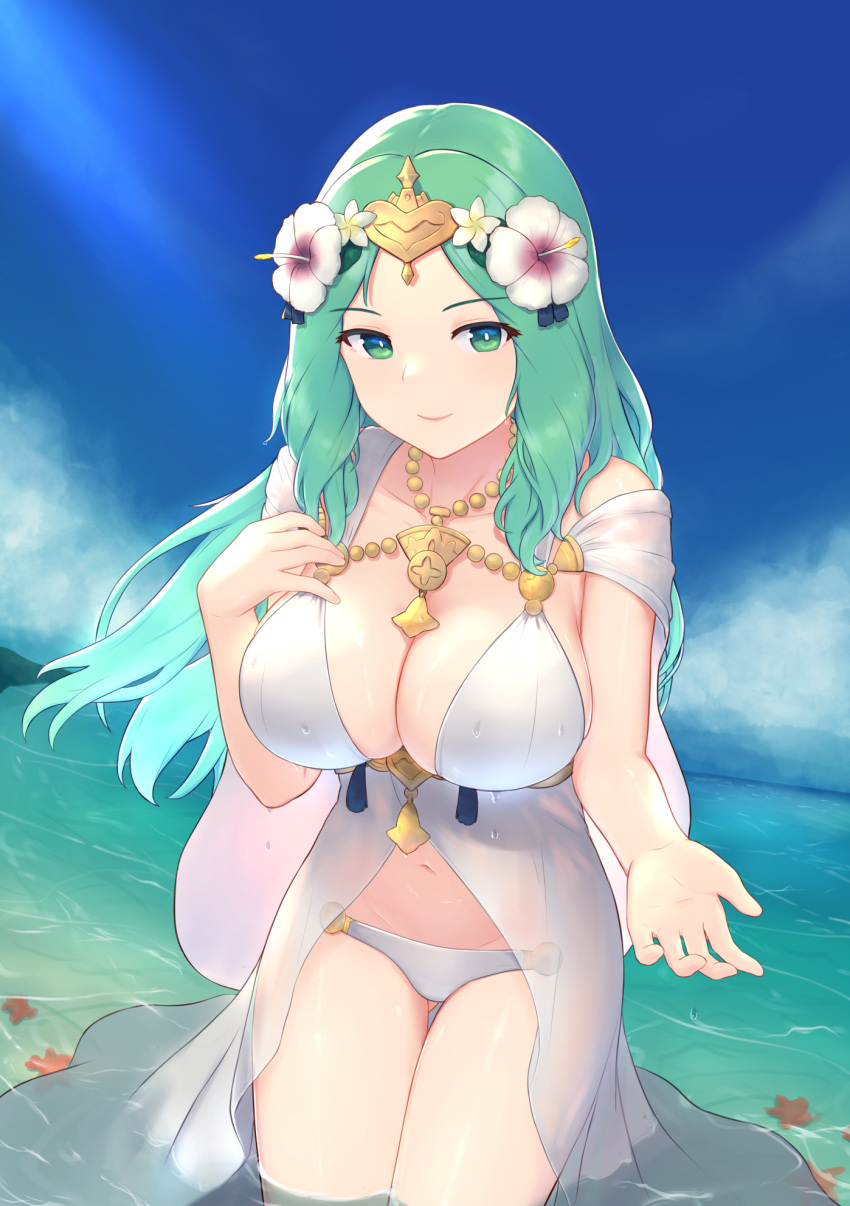 1girls alternate_costume ass_visible_through_thighs bikini blue_sky breasts cleavage closed_eyes closed_mouth cloud collarbone day female female female_only fire_emblem fire_emblem:_three_houses fire_emblem_heroes flower green_eyes green_hair hair_flower hair_ornament hibiscus highres jewelry large_breasts long_hair looking_at_viewer navel necklace nintendo nnnn_oekaki ocean official_alternate_costume outdoors outstretched_hand partially_submerged rhea_(fire_emblem) rhea_(summer)_(fire_emblem) sky smile solo swimsuit thighs wading water wet white_bikini white_flower white_swimsuit