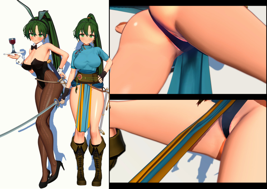 1girls 3d alcohol alternate_costume armpits ass bare_arms bare_legs bare_thighs black_panties black_thong boots breasts bunny_ears bunny_girl bunnysuit censored cleavage crotch dual_persona female female_only fingerless_gloves fire_emblem fire_emblem:_the_blazing_blade from_below glass gloves green_eyes green_hair hand_on_own_hip high_heels kool5mg large_ass large_breasts legs leotard long_hair looking_at_viewer lyn_(fire_emblem) multiple_views nintendo panties pantyhose pelvic_curtain ponytail pussy smile sword thick_thighs thighs thong underwear upskirt very_long_hair waitress weapon wine wine_glass wrist_cuffs