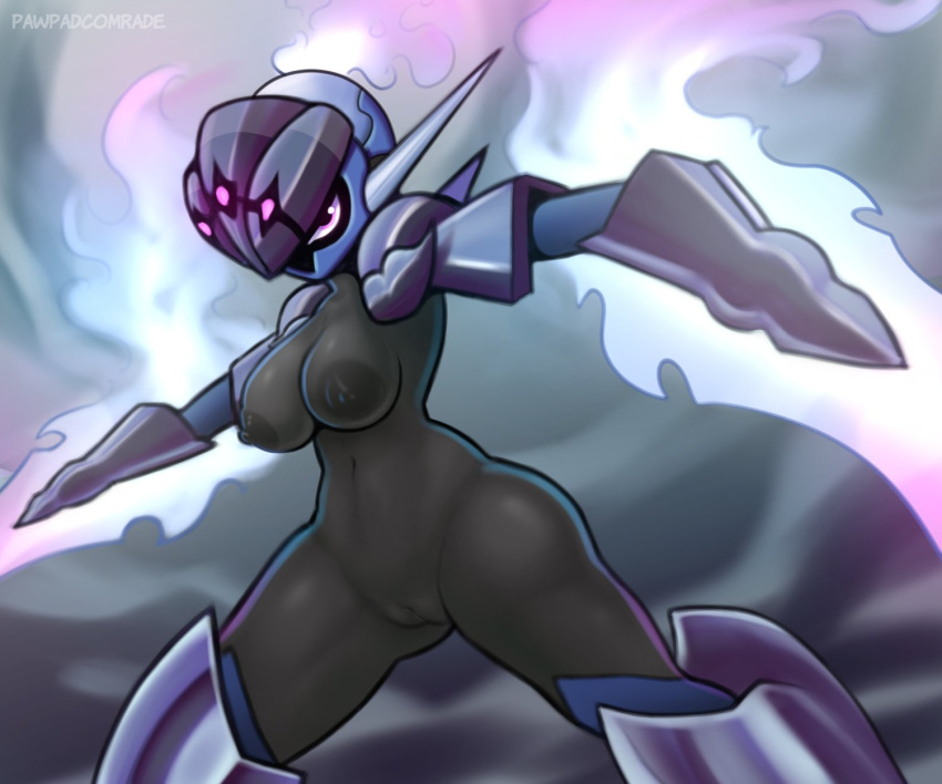 2023 black_body black_skin breasts breasts_out ceruledge female female_focus female_only fire grey_background nintendo nipples pawpadcomrade pink_eyes pokémon_(species) pokemon pussy thick_thighs thighs