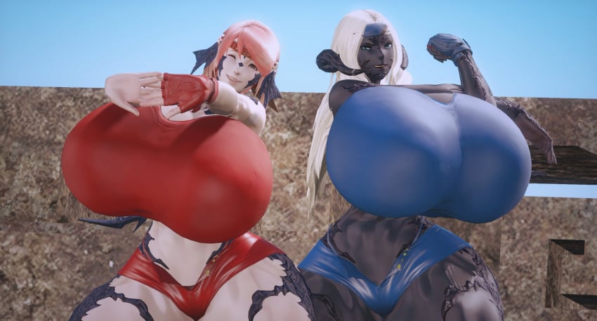 2breedwithme 2girls 3d au_ra dark-skinned_female final_fantasy_xiv gigantic_ass gigantic_breasts hourglass_figure huge_ass huge_breasts hyper hyper_ass hyper_breasts hyper_hourglass red_hair square_enix thick_thighs underwear voluptuous white_hair wide_hips