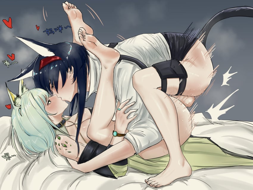 1futa 1girls absurd_res alternate_version_available arknights atakumi10 balls black_hair blaze_(arknights) bottomless breasts cat_ears cat_tail clothed clothing duo female futa_on_female futanari hi_res human kal'tsit_(arknights) kissing light-skinned_female light-skinned_futanari light_skin long_hair mating_press mostly_clothed on_back penis sex source_smaller squatting vaginal_penetration white_hair