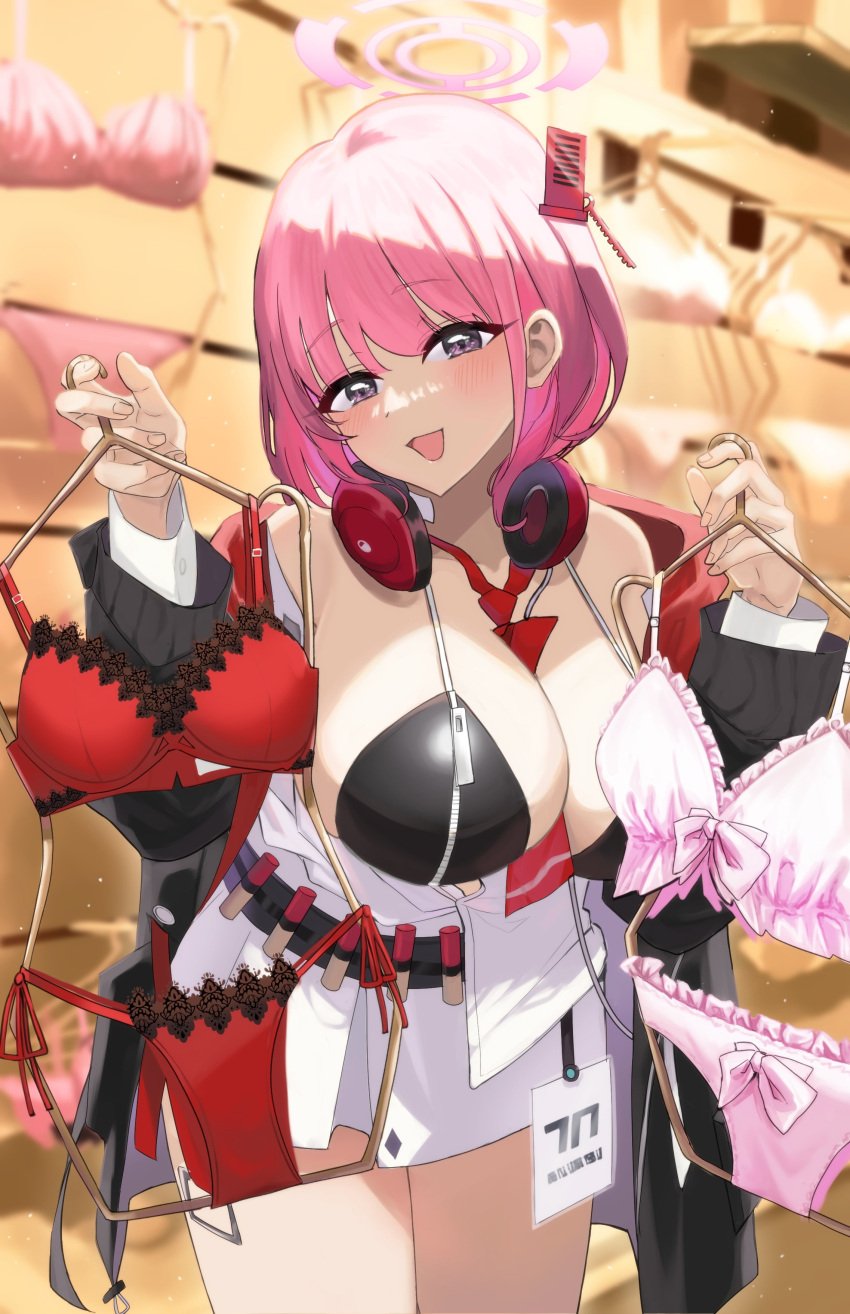 1girls arata_haru black_bra blue_archive bra breast_zipper breasts clothes_hanger clothes_store dress eimi_(blue_archive) halo headphones headphones_around_neck holding_clothes_hanger id_card large_breasts lingerie looking_at_viewer necktie panties pink_bra pink_eyes pink_hair pink_lingerie pink_panties red_bra red_lingerie red_panties short_hair side-tie_panties unbuttoned unbuttoned_dress white_dress zipper zipper_pull_tab