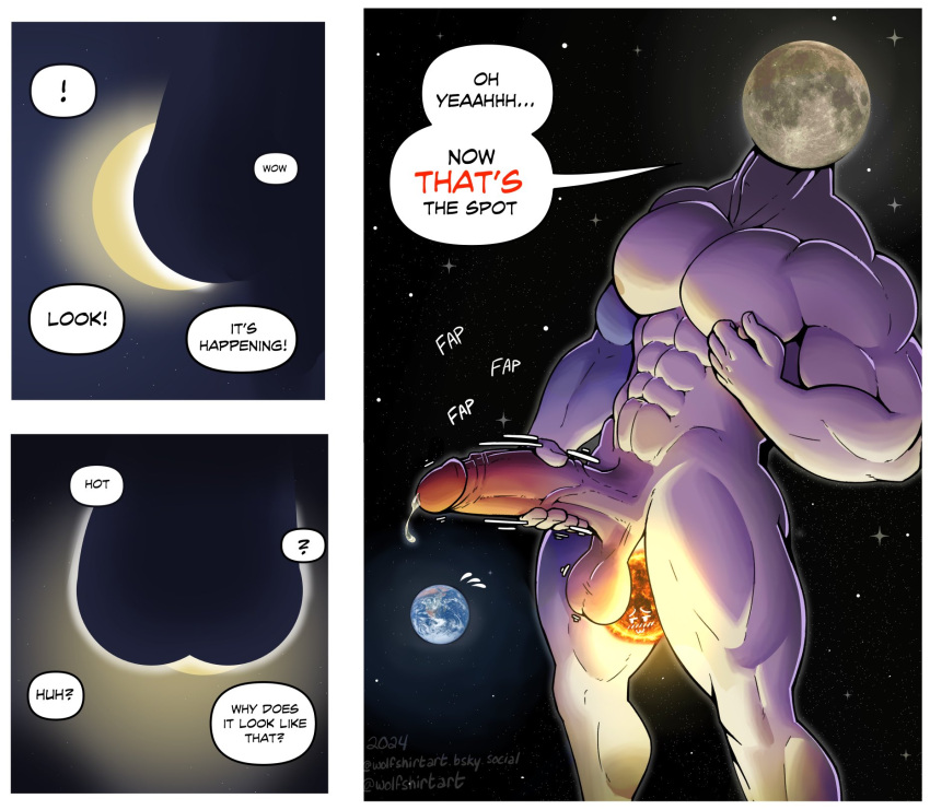 2024 balls balls_focus bara bara_tiddies bara_tits big_balls big_penis bizarre bulky cum dialogue earth eclipse english_text erection extreme_size_difference funny humor jerkingoff leaking leaking_precum macro masturbating masturbation meme moon muscles muscular nude outer_space pecs penis planet planet_earth planetary precum solar_eclipse solar_system space strange sun testicles text universe veiny_penis wolfshirtart