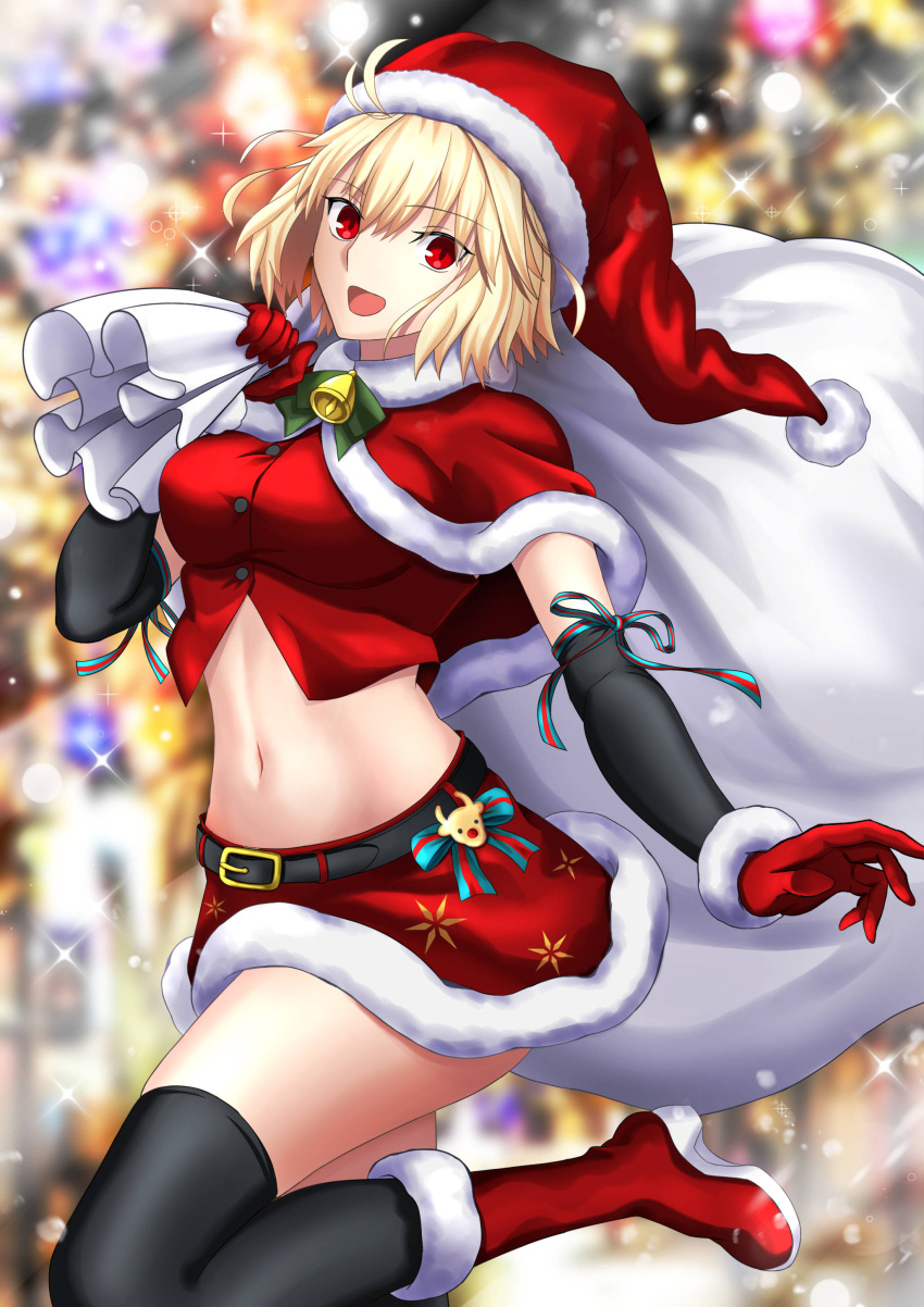 absurdres arcueid_brunestud blonde_hair blush breasts capelet christmas female fur-trimmed_capelet fur-trimmed_headwear fur_trim harukey hat highres large_breasts looking_at_viewer open_mouth red_capelet red_eyes red_hat sack santa_costume santa_hat short_hair smile solo tsukihime