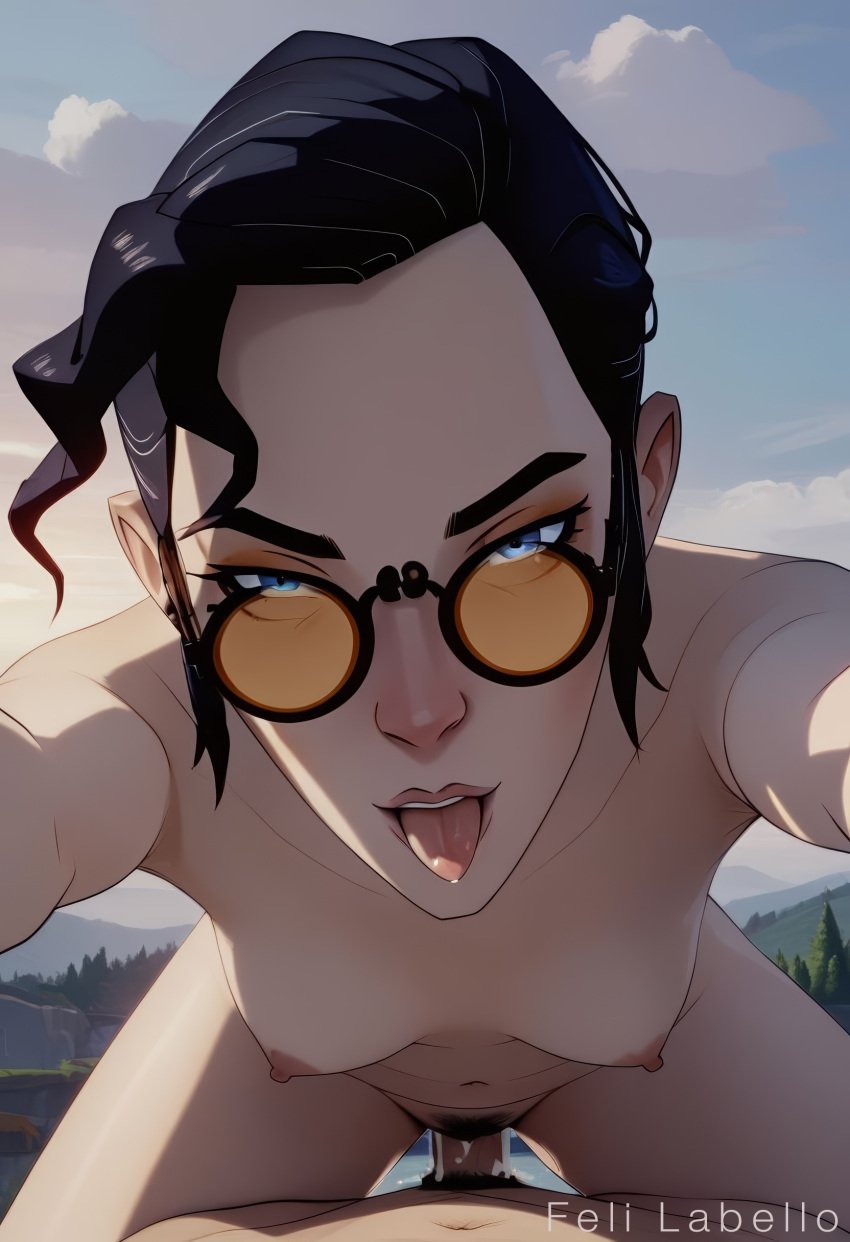 1boy1girl 1girls ai_generated black_hair blue_eye_samurai blue_eyes close_up cowgirl_position eye_contact female_pubic_hair glasses hugging leaning_forward looking_at_viewer looking_over_eyewear looking_over_sunglasses mizu_(blue_eye_samurai) nude nude_female outdoors pov pov_male pov_sex pubic_hair riding riding_penis sex sunglasses tinted_eyewear tongue_out