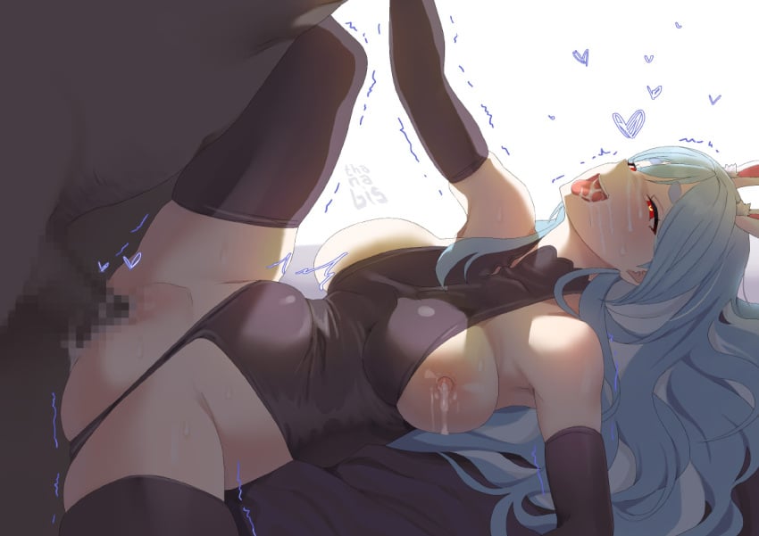 1boy 1girls animal_ears artist_name black_bodysuit black_thighhighs blue_hair blush bodysuit breasts breasts_out bunny_ears bunny_girl censored clothed_sex clothing_aside commentary cum cum_on_body cum_on_breasts dark-skinned_male dark_skin facial female heart heart-shaped_pupils hololive hololive_fantasy hololive_japan holomilfs interracial lactation large_breasts light-skinned_female light_skin long_hair mature_female missionary mosaic_censoring multicolored_hair nipples only_commentary open_mouth orange_eyes pekomama penis pussy rabbit_ears rabbit_girl sex solo_focus spread_legs stockings stomach_bulge straight streaked_hair symbol-shaped_pupils thanabis thighhighs tongue tongue_out vaginal_penetration virtual_youtuber white_hair