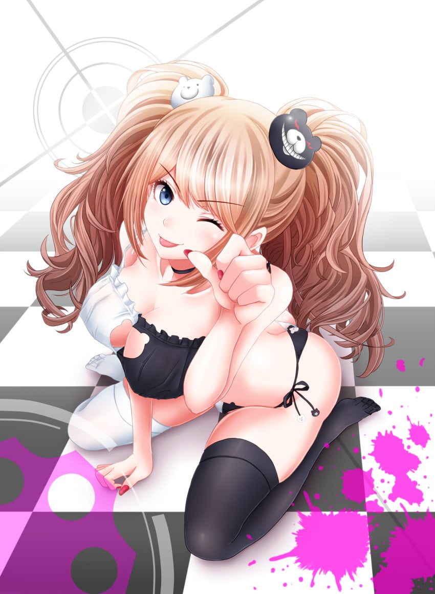 1girls bear_cutout bear_hair_ornament blonde_hair blue_eyes bra breasts cat_keyhole_bra cat_keyhole_lingerie cat_lingerie choker cleavage_cutout danganronpa junko_enoshima large_breasts lingerie looking_at_viewer midriff multicolored_bra multicolored_panties navel painted_fingernails panties side-tie_panties solo suwakichi thighhighs twintails