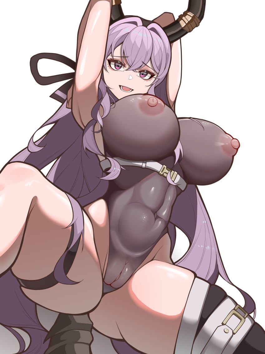 arknights arms_behind_head breasts female horns huge_breasts latex leotard pussy see-through_clothing skindentation tail thigh_strap typhon_(arknights) yat_(tsmn7245)