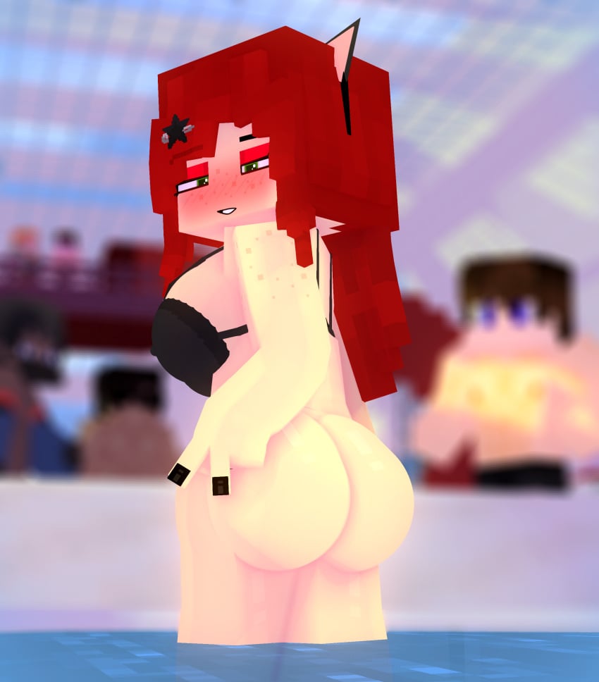 1girls 3d alyx_(mineporncraft) bra burgundy_hair female green_eyes horny_female mine-imator minecraft mineporncraft no_panties nude pool public public_nudity smile tagme