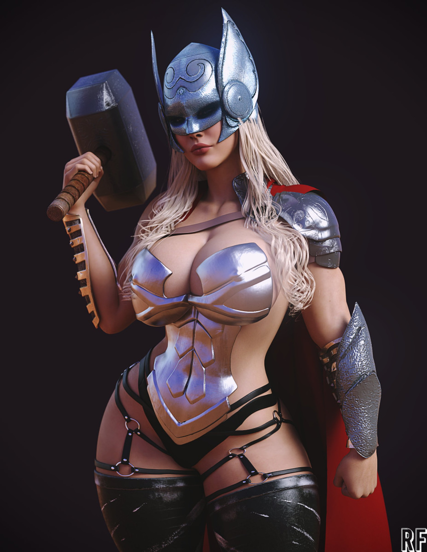 1girls 3d absurd_res bikini_armor blonde_female blonde_hair blue_eyes breasts cape cleavage female female_only hammer helmet hi_res human human_only jane_foster lady_thor large_breasts light-skinned_female light_skin looking_at_viewer marvel mjolnir rude_frog skimpy solo thighhighs thighs thor_(series) weapon wide_hips