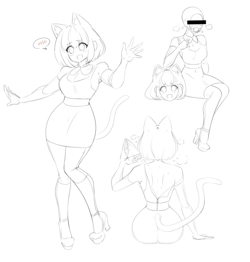 ass back_view back_zipper ball_gag big_ass black_and_white blush cat_ears cat_tail catgirl censor_bar censored_eyes costume hi_res high_heels highres hourglass_figure kigurumi mask platform_heels rear_view sealguy sketch zipper zipper_down