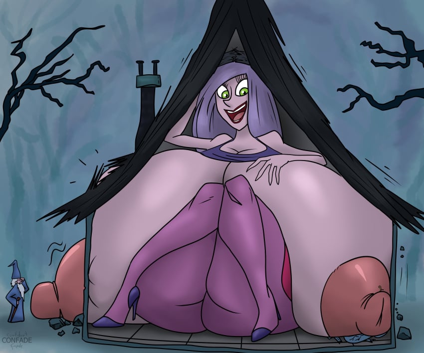 ass_bigger_than_head big_breasts big_nipples breasts breasts_bigger_than_head breasts_out casual casual_nudity clothed confade disney disney_villains female giant giant_female giantess high_heels huge_ass huge_nipples hyper_ass hyper_breasts madam_mim male merlin nipples teasing the_sword_in_the_stone witch wizard