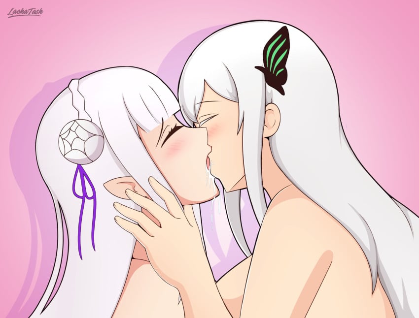 2girls echidna_(re:zero) elf elf_ears elf_female elf_girl emilia_(re:zero) female french_kiss french_kissing kissing lackatask lesbian_kiss multiple_girls naked naked_female nude nude_female re:zero_kara_hajimeru_isekai_seikatsu silver_hair tongue_kiss white_hair witch yuri