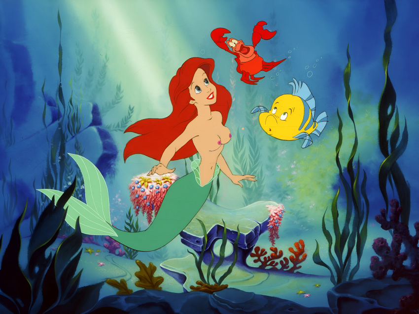 1girls ariel ariel_(the_little_mermaid) breasts flounder mermaid red_hair sebastian_(disney) teen the_little_mermaid underwater