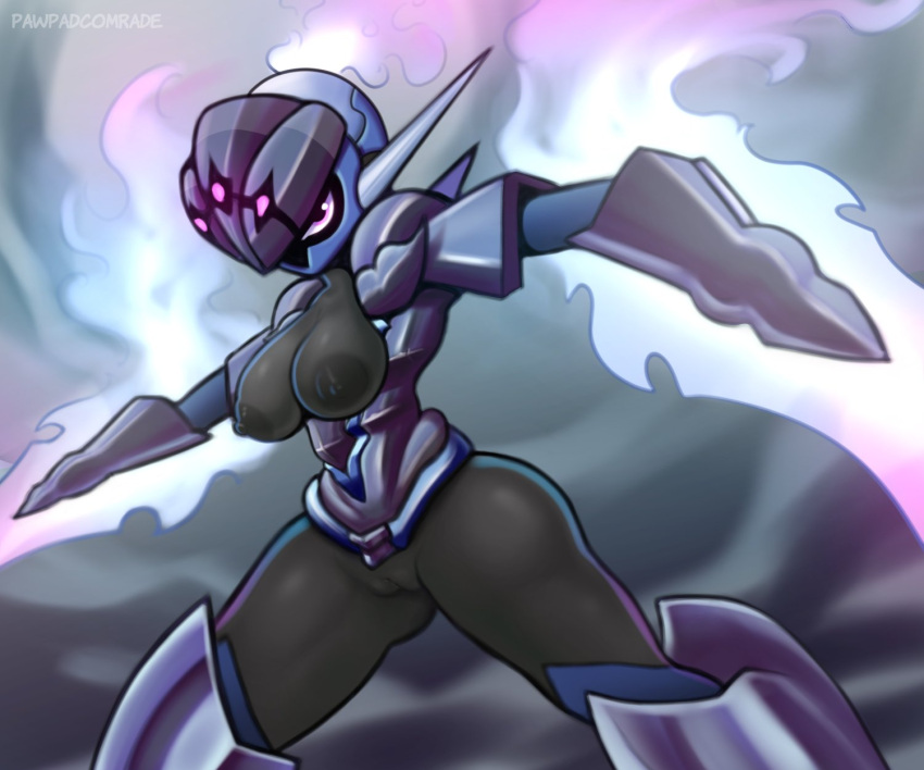 2023 armor black_body black_skin breasts breasts_out ceruledge female female_focus female_only fire grey_background nintendo nipples pawpadcomrade pink_eyes pokémon_(species) pokemon pussy thick_thighs thighs