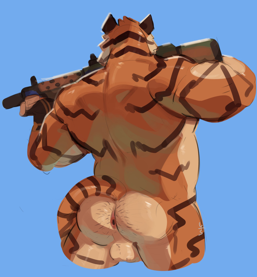 2024 absurd_res aiming anthro anus ass backsack balls barazoku big_muscles blue_background body_hair butt_hair clothing epic_games felid fingerless_gloves fortnite fur genitals gloves gun handwear hi_res holding_gun holding_object holding_ranged_weapon holding_weapon male mammal musclegut muscular muscular_anthro muscular_male nude oscar_(fortnite) pantherine perineum ranged_weapon rear_view rifle simple_background solo standing thick_thighs tiger tuft vinstacc weapon