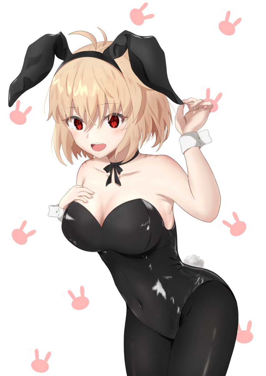 :d ahoge alternate_costume animal_ears arcueid_brunestud bare_shoulders black_leotard blonde_hair bow breasts commentary_request covered_navel detached_collar fake_animal_ears fake_tail female hair_intakes highres large_breasts leotard looking_at_viewer open_mouth pantyhose playboy_bunny rabbit_ears rabbit_tail red_eyes short_hair smile solo strapless strapless_leotard tail taketuki_217 tsukihime wrist_cuffs