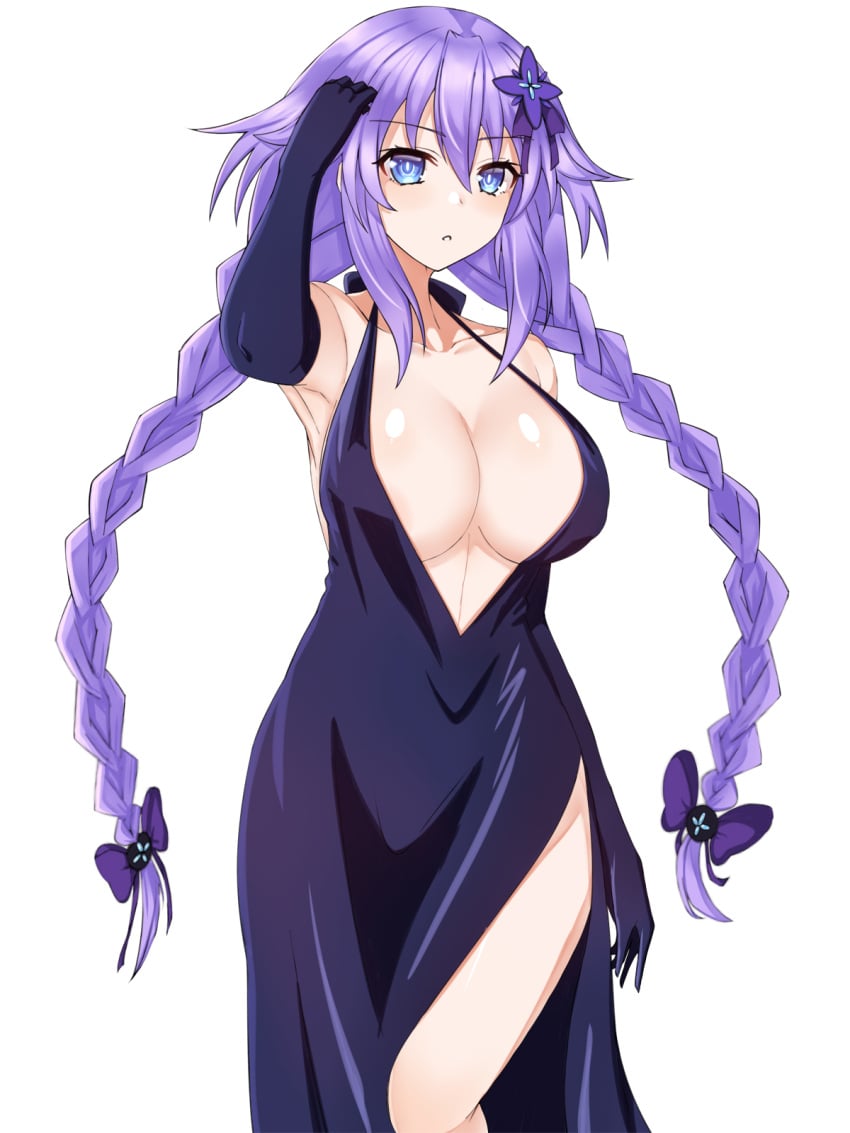 1girls arm_up armpit_peek armpits bare_shoulders big_breasts blue_eyes busty cleavage dress elbow_gloves front_view goddess hair_ornament large_breasts light-skinned_female long_hair looking_at_viewer neptune_(neptunia) neptunia_(series) purple_hair purple_heart_(neptunia) sensual simple_background solo twin_braids zatsu