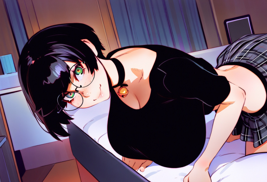 :3 ai_generated arcadiasofka belt bent_over black_hair black_shirt cleavage from_side glasses green_eyes hanging_breasts jingle_bell large_breasts looking_at_viewer miniskirt on_all_fours skirt spiked_collar thighs underbutt wide_hips