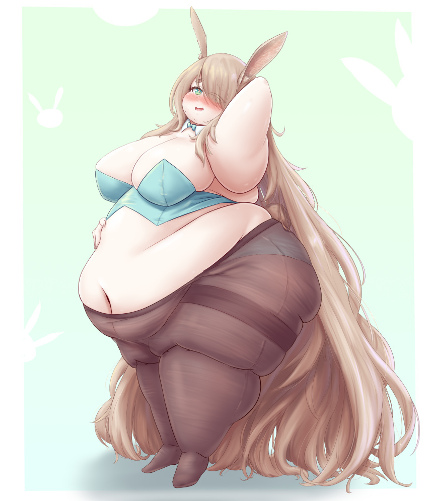 1girls 2024 animal_ears bbw belly belly_overhang big_belly big_breasts blonde_hair blush breasts bunny_ears bunny_girl cleavage fat fat_arms fat_belly fat_female fat_fetish fat_rolls fat_thighs fat_woman huge_belly kemonomimi large_breasts light-skinned_female light_skin navel obese obese_female original_character overweight overweight_female pantyhose ssbbw thebreadguardian thick_thighs thighs very_long_hair weight_gain wide_hips