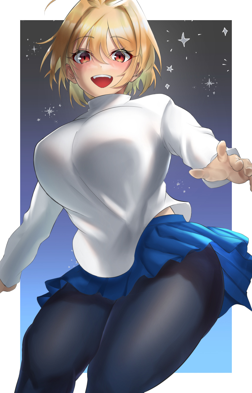 absurdres antenna_hair arcueid_brunestud blonde_hair blue_skirt blush border breasts commentary female hair_between_eyes highres large_breasts long_sleeves looking_at_viewer miniskirt night night_sky open_mouth red_eyes sato_one1 short_hair single_hair_intake skirt sky solo star_(sky) starry_sky sunlight sweater thick_thighs thighs tsukihime tsukihime_(remake) type-moon white_border