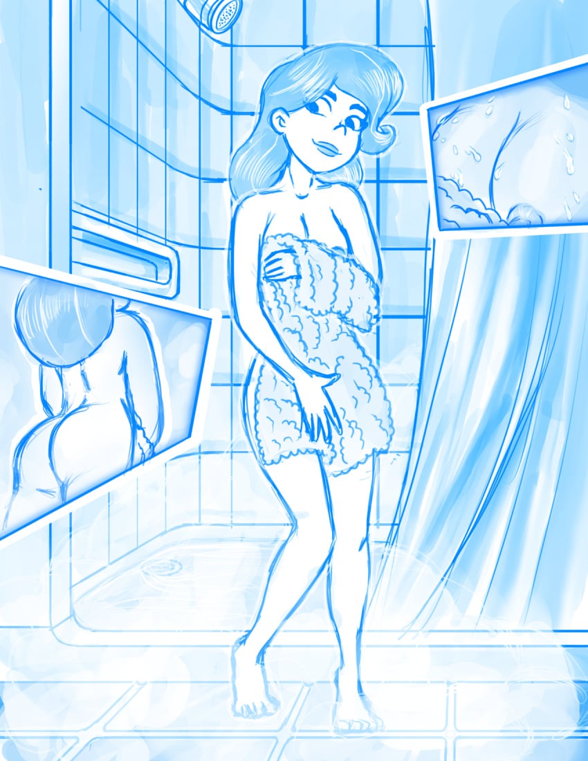 ass blue_theme breasts hair_down kelly_hamdon liquidmark monochrome shezow shower towel