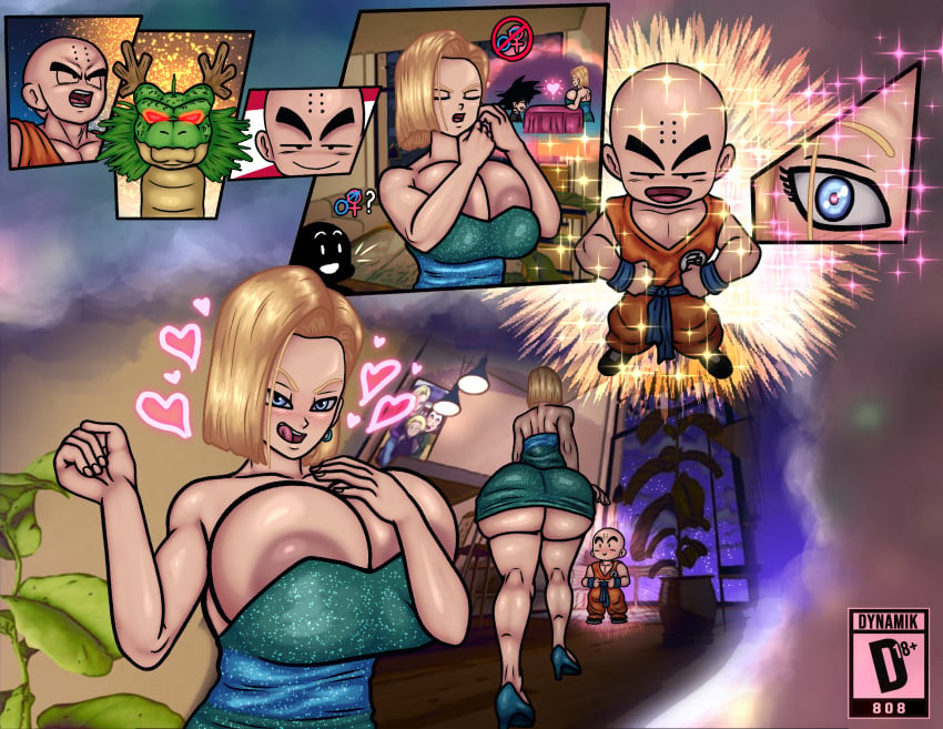 1boy 1girls android_18 ass big_ass big_breasts blonde_hair breasts bubble_butt busty dat_ass dragon dragon_ball dress dynamik808 fat_ass female heart-shaped_pupils height_difference huge_ass huge_breasts krillin kuririn large_ass large_breasts male shenron son_goten thick_ass thick_thighs wide_hips