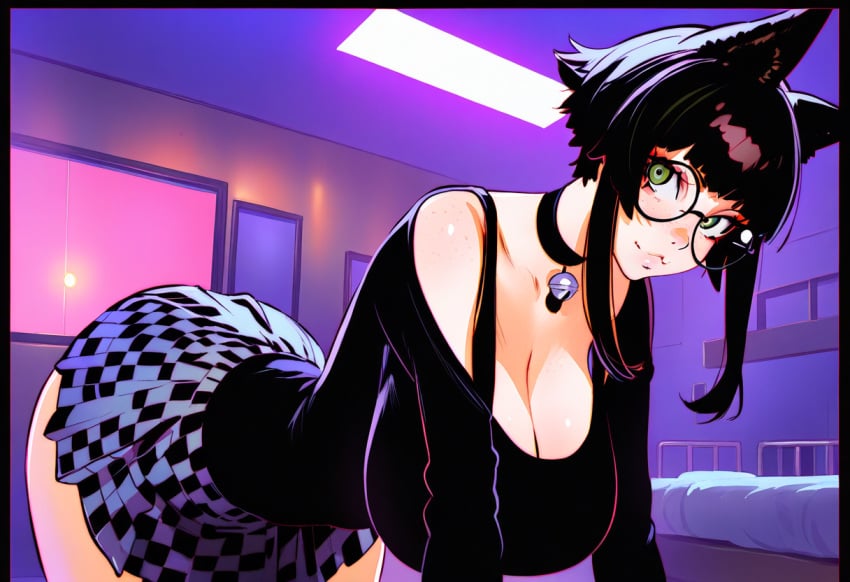 :3 ai_generated arcadiasofka belt bent_over black_hair black_shirt cat_ears cleavage from_side glasses green_eyes hanging_breasts jingle_bell large_breasts looking_at_viewer miniskirt on_all_fours skirt spiked_collar thighs underbutt wide_hips