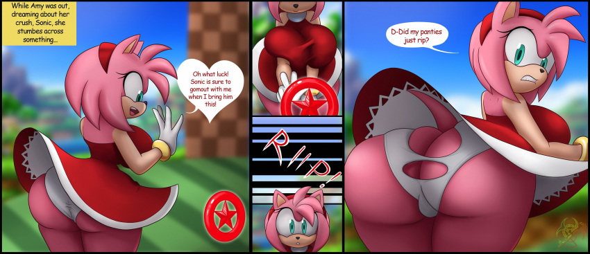 1girls amy_rose ass ass_expansion breasts bubble_butt eulipotyphlan exposed_breasts female gigantic_breasts green_eyes headband huge_ass ineffective_clothing offscreen_character panties pink_hair raygun roga14 sega sonic_(series) thick_thighs too_big_to_move topless upskirt wide_hips