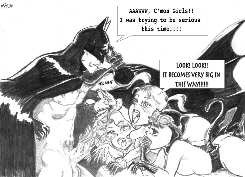 balls batman batman_(series) blacktortoise bruce_wayne catwoman dc dc_comics female gotham_city_sirens harley_quinn human male monochrome pamela_isley penis poison_ivy selina_kyle straight superhero supervillainess tagme testicles