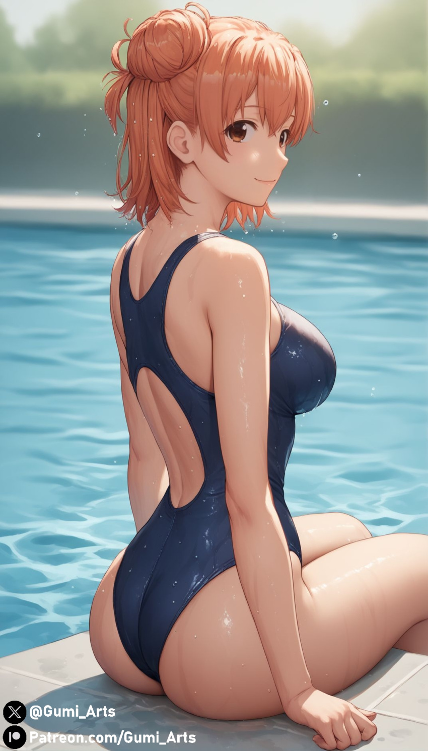 ai_generated ass bikini blue_sky brown_eyes gumi_arts in_water large_breasts looking_at_viewer looking_back my_teen_romantic_comedy_snafu one_piece_swimsuit orange_hair outdoors pool short_hair sitting stable_diffusion thick_thighs water wet yuigahama_yui