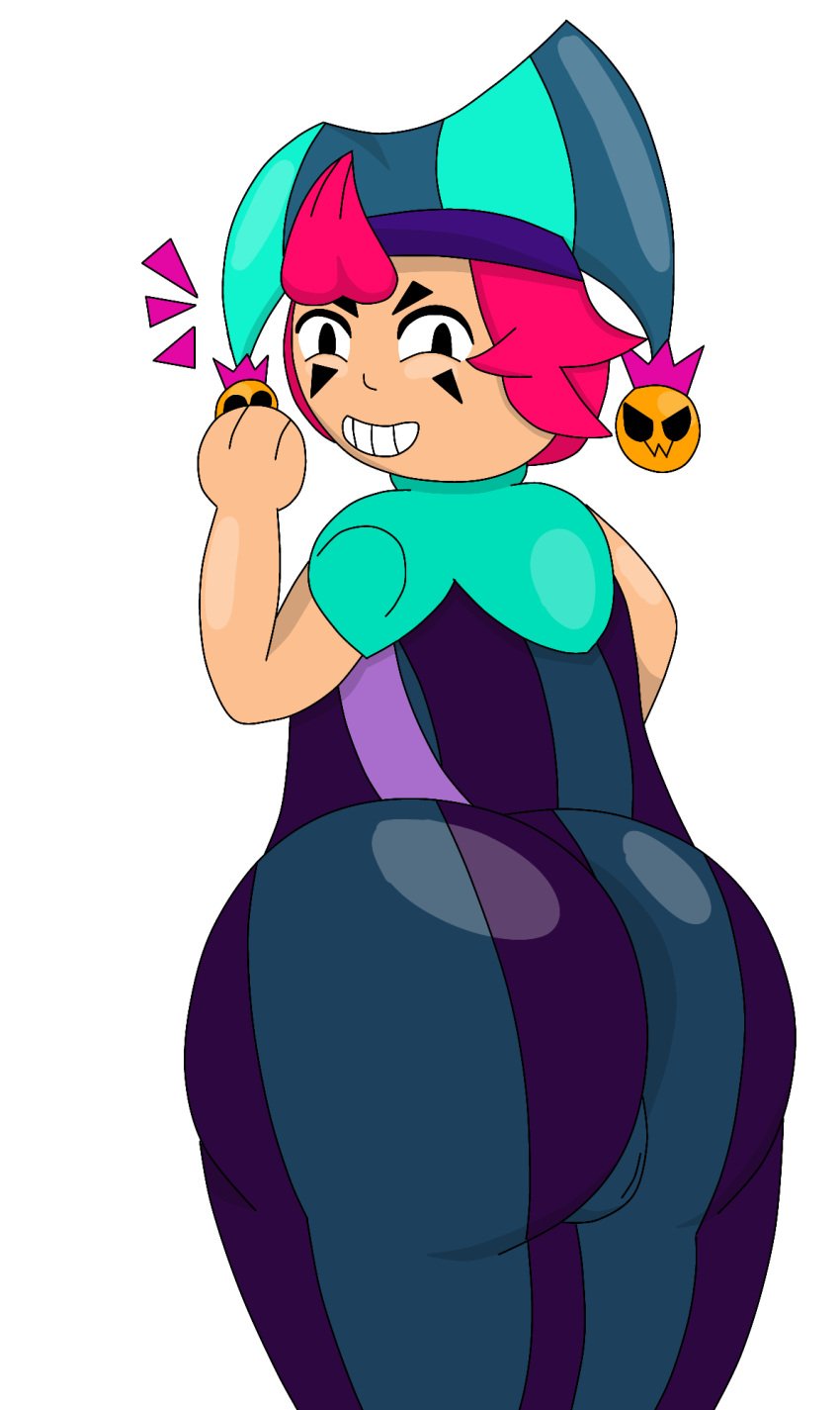 1boy brawl_stars chester_(brawl_stars) clown gold_clothing green_clothing huge_ass huge_butt jester kaithedumbass02 pink_hair purple_clothing self_upload shaded simple_background smug teal_clothing thick_thighs white_background