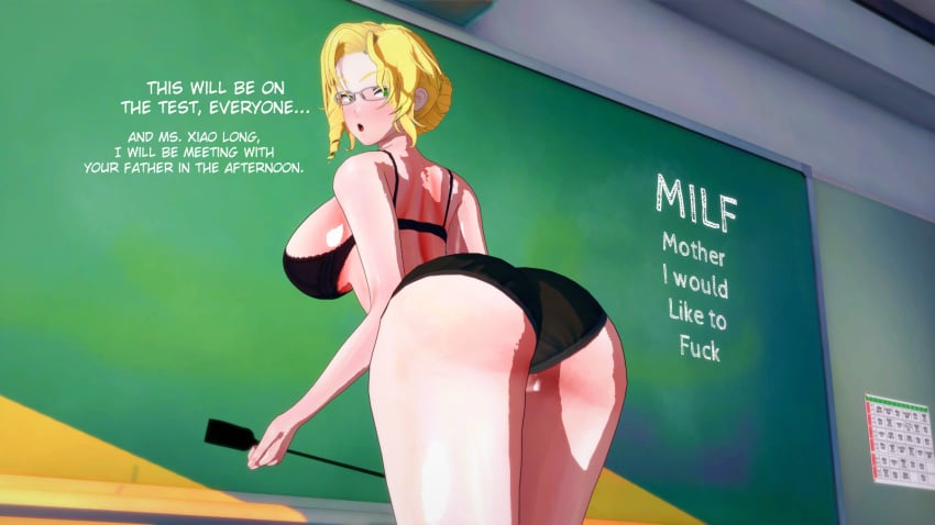 1girls ass big_breasts blackboard blonde_female blonde_hair breasts classroom glasses glynda_goodwitch green_eyes huge_ass koikatsu large_breasts mature_female milf nakadashi_(artist) older_female riding_crop rwby teacher text underwear